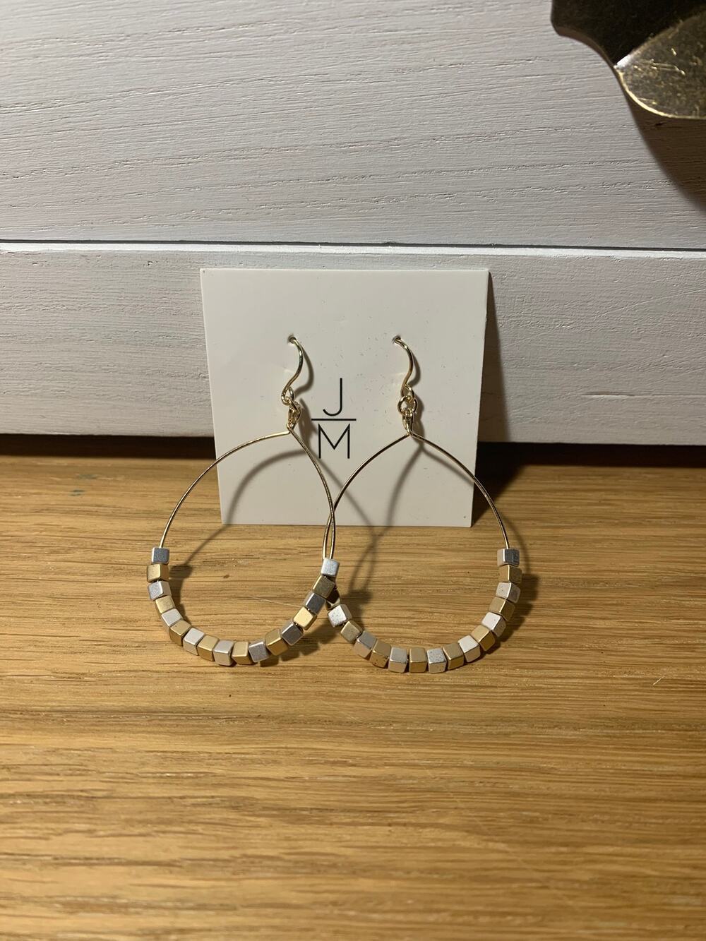 JM Gold Silver Gray Beaded Open Hoop Earrings New on Card Lightweight
